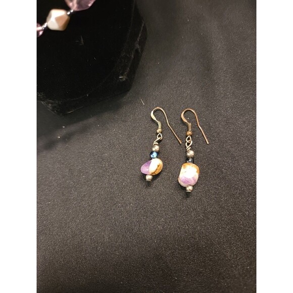 Purple & Silvertone Set Of 2 Necklaces 1, 16" Other 20" & Purple Stone Earrings - Picture 8 of 9